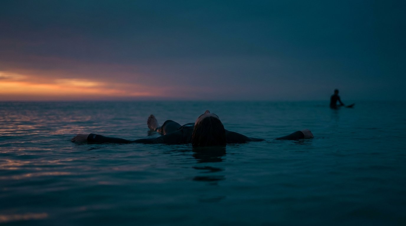 A person floating on their back in a calm ocean at dusk, a surfer waiting on a board in the distance