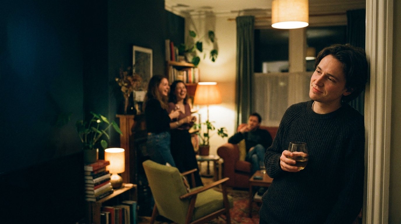 Friends talking in a warm living room while one woman stands a little apart with a drink