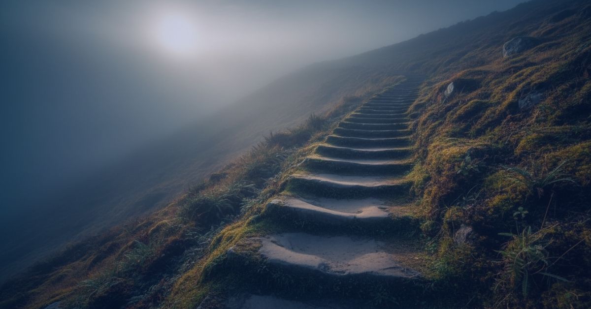 Stone steps climbing a misty mountainside