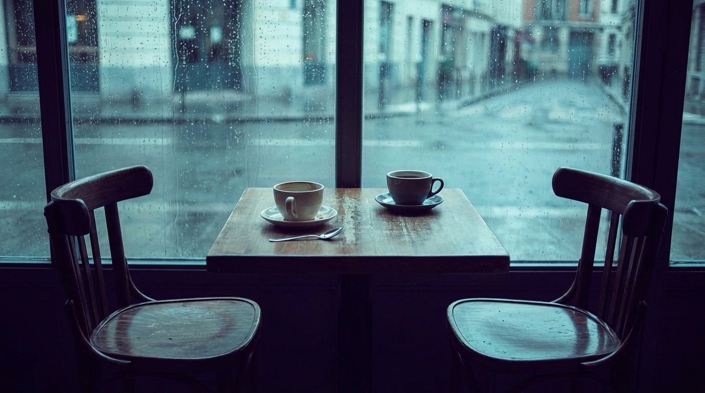 Two cups on a small café table by a rain-streaked window, an empty chair on either side