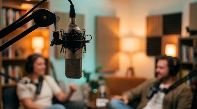 Two hosts talking into studio microphones