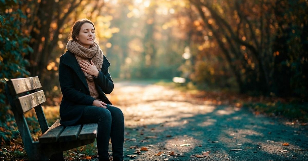 A woman sitting on a park bench in autumn light, eyes closed